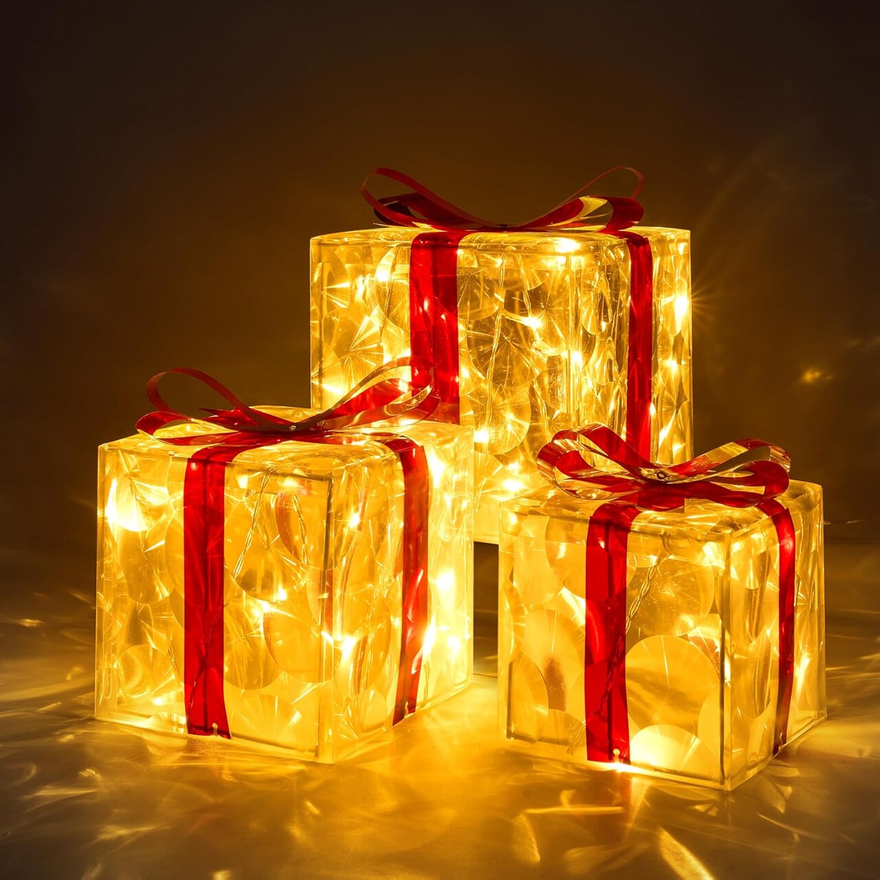 Christmas Lighted Gift Boxes, Christmas Decorations Set of 3, Christmas Transparent Present Boxes Light, 60 LED Warm White Lights for Indoor Holiday Décor, Christmas Eve Night Déco